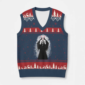 Funny Scary Bunny Face Ghost Heart Hand Sign Easter Day V-Neck Knit Sweater Vest TS11 Navy Red Print Your Wear