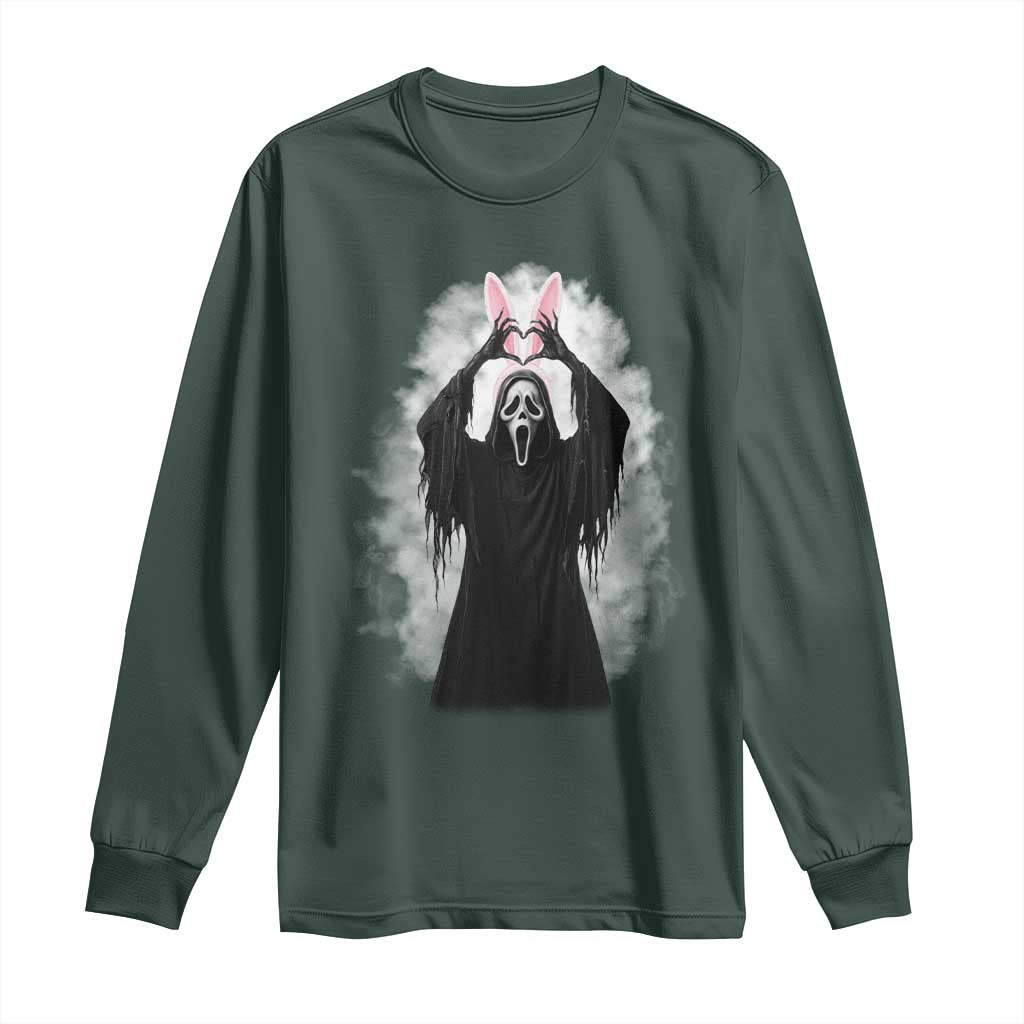 Funny Scary Bunny Face Ghost Heart Hand Sign Easter Day Long Sleeve Shirt TS11 Dark Forest Green Print Your Wear