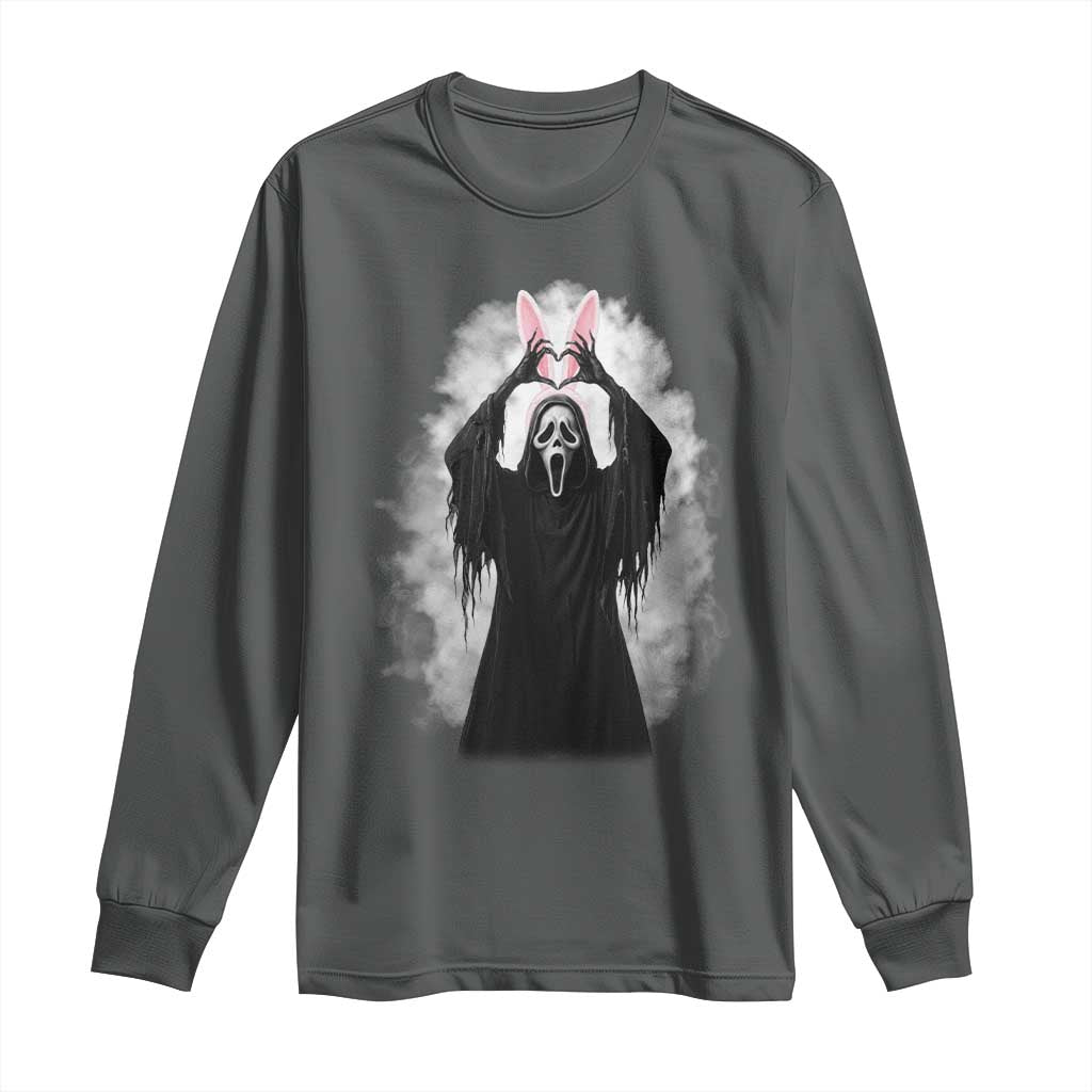 Funny Scary Bunny Face Ghost Heart Hand Sign Easter Day Long Sleeve Shirt TS11 Dark Heather Print Your Wear