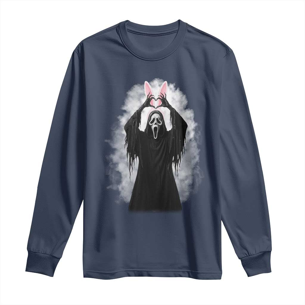 Funny Scary Bunny Face Ghost Heart Hand Sign Easter Day Long Sleeve Shirt TS11 Navy Print Your Wear