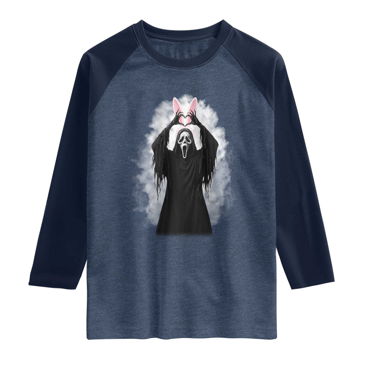 Funny Scary Bunny Face Ghost Heart Hand Sign Easter Day Raglan Shirt TS11 Heather Denim Navy Print Your Wear