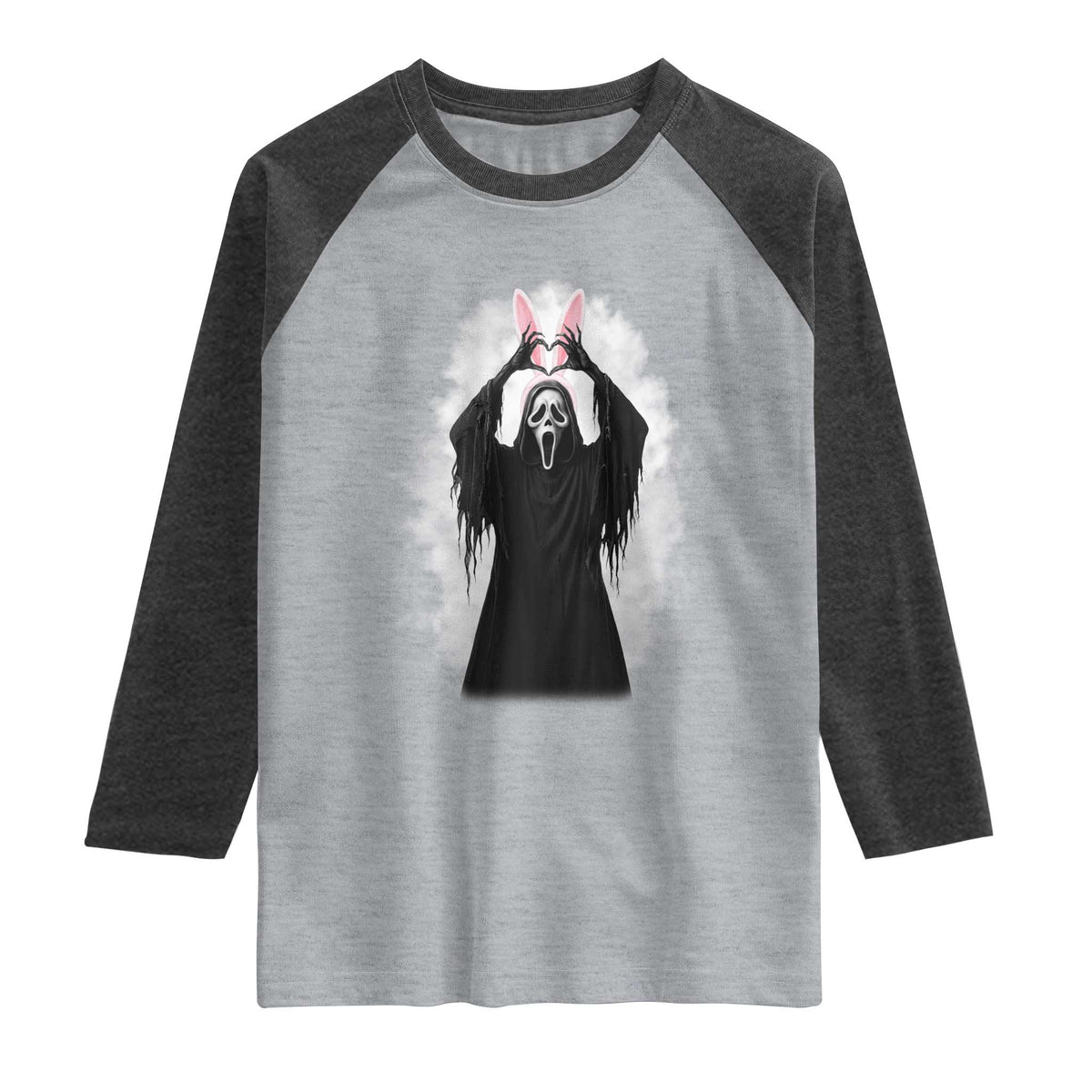 Funny Scary Bunny Face Ghost Heart Hand Sign Easter Day Raglan Shirt TS11 Heather Gray Heather Charcoal Print Your Wear