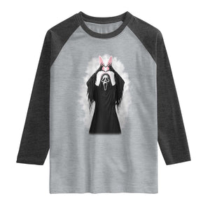 Funny Scary Bunny Face Ghost Heart Hand Sign Easter Day Raglan Shirt TS11 Heather Gray Heather Charcoal Print Your Wear
