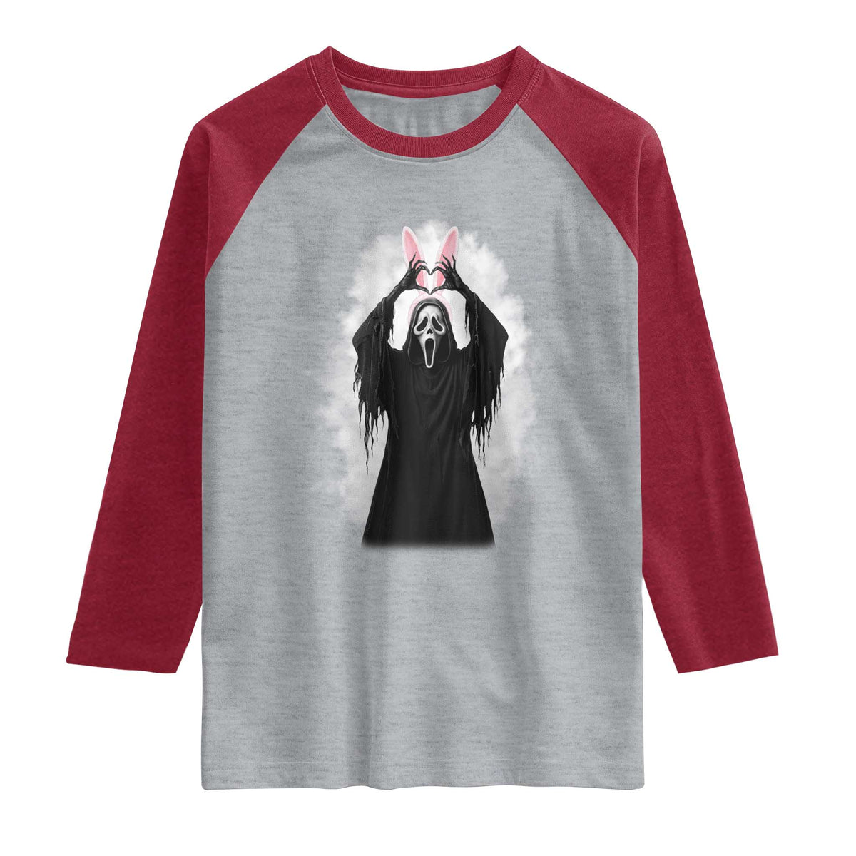 Funny Scary Bunny Face Ghost Heart Hand Sign Easter Day Raglan Shirt TS11 Heather Gray Heather Red Print Your Wear