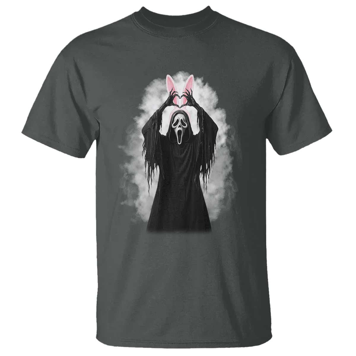 Funny Scary Bunny Face Ghost Heart Hand Sign Easter Day T Shirt TS11 Dark Heather Print Your Wear