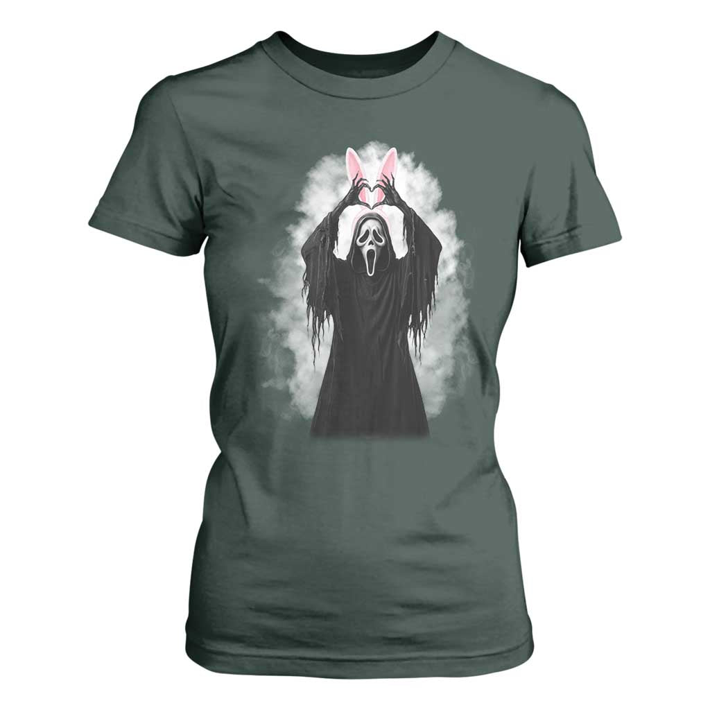 Funny Scary Bunny Face Ghost Heart Hand Sign Easter Day T Shirt For Women TS11 Dark Forest Green Print Your Wear