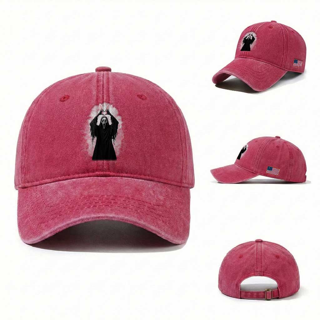 Funny Scary Bunny Face Ghost Heart Hand Sign Easter Day Washed Cotton Baseball Cap