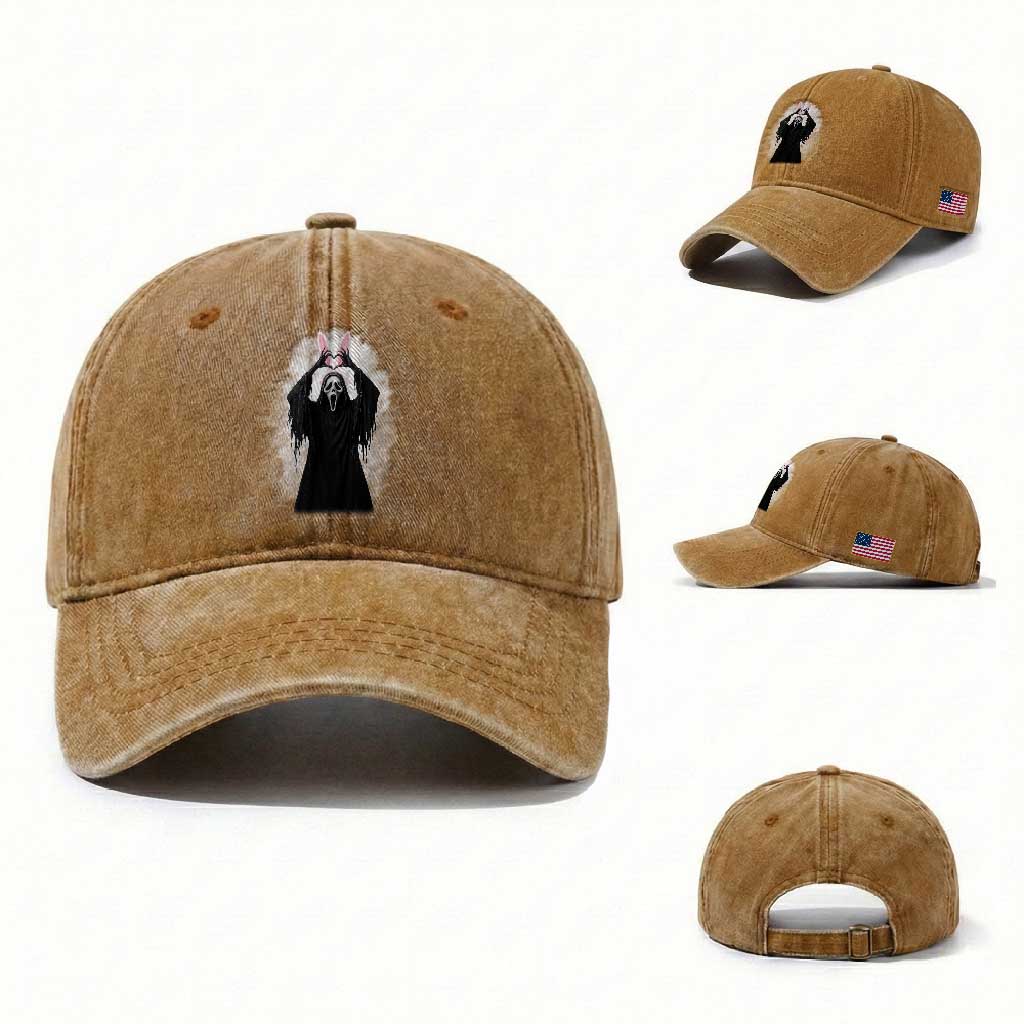 Funny Scary Bunny Face Ghost Heart Hand Sign Easter Day Washed Cotton Baseball Cap