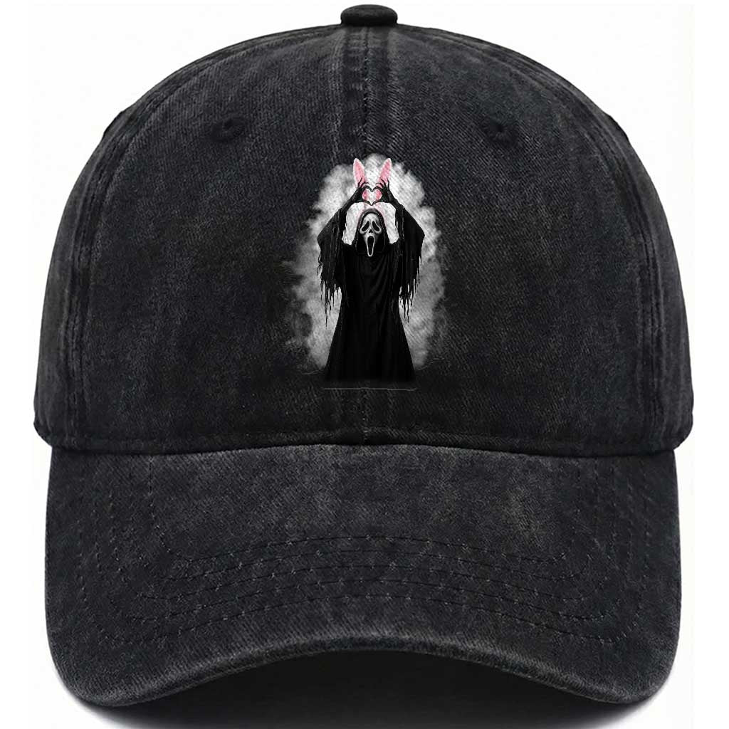 Funny Scary Bunny Face Ghost Heart Hand Sign Easter Day Washed Cotton Baseball Cap