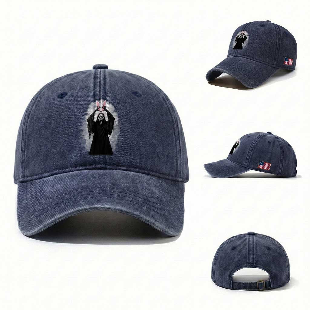 Funny Scary Bunny Face Ghost Heart Hand Sign Easter Day Washed Cotton Baseball Cap
