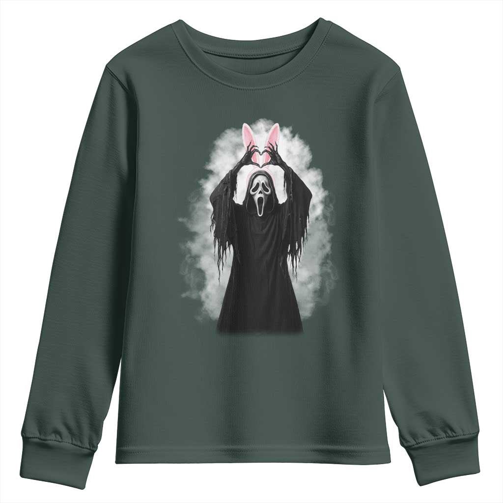 Funny Scary Bunny Face Ghost Heart Hand Sign Easter Day Youth Sweatshirt TS11 Dark Forest Green Print Your Wear