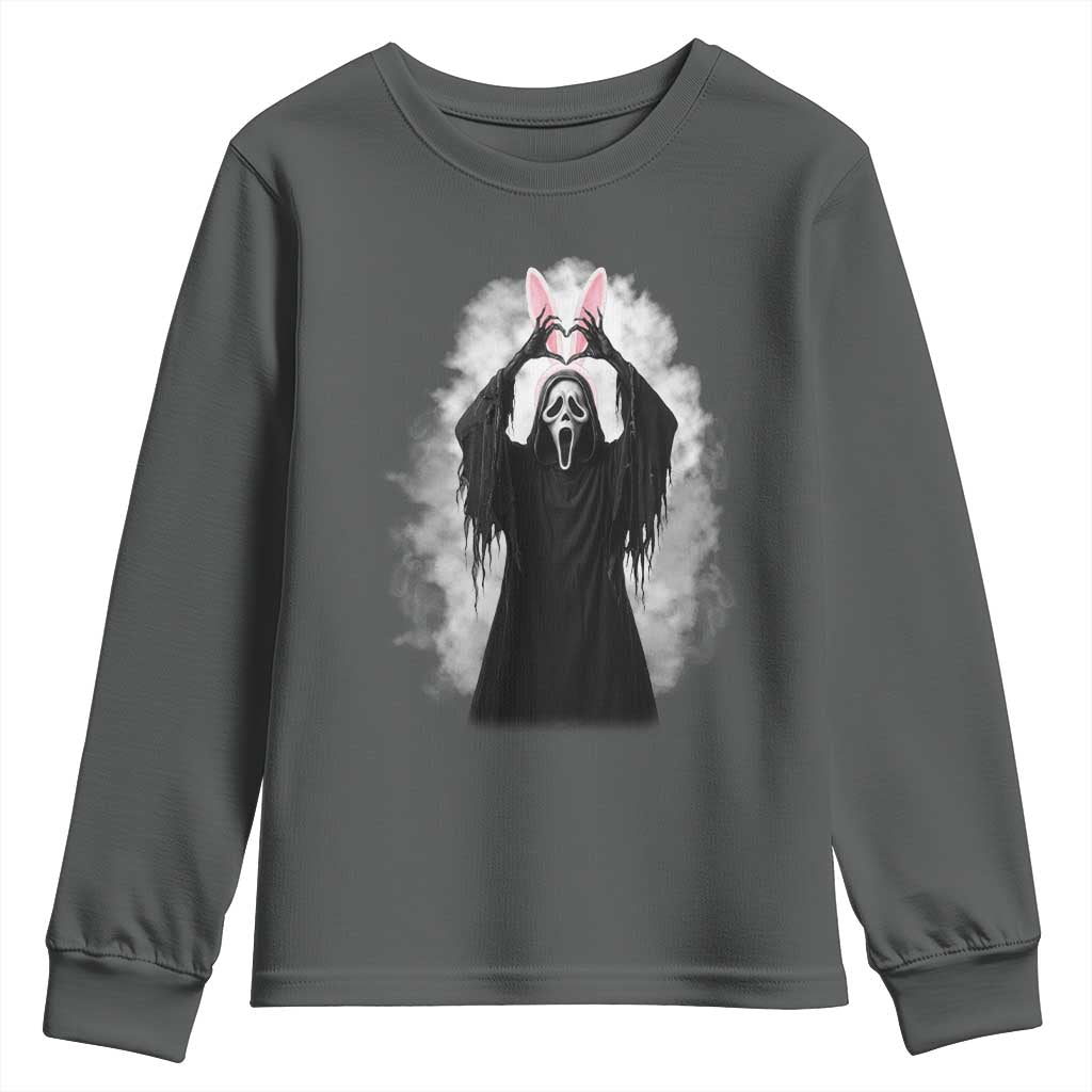 Funny Scary Bunny Face Ghost Heart Hand Sign Easter Day Youth Sweatshirt TS11 Dark Heather Print Your Wear
