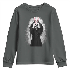 Funny Scary Bunny Face Ghost Heart Hand Sign Easter Day Youth Sweatshirt TS11 Dark Heather Print Your Wear