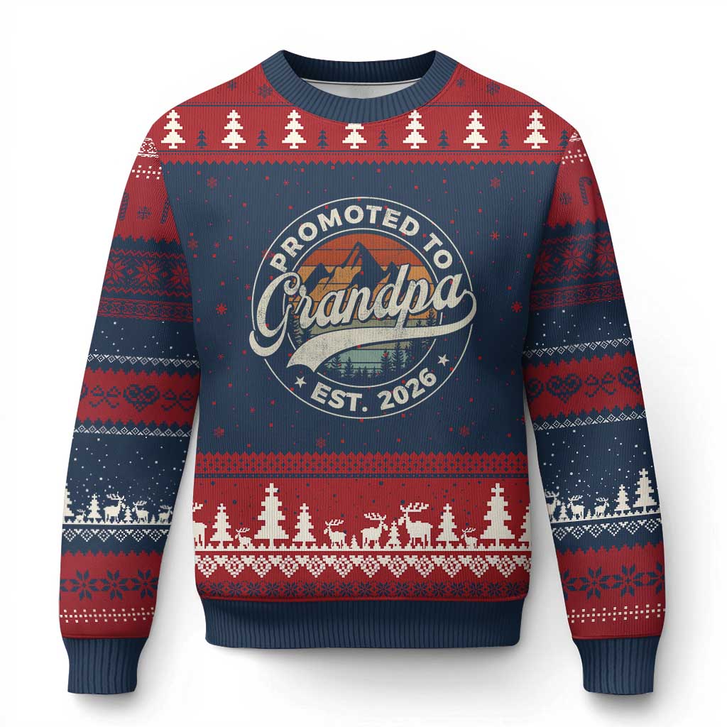 Promoted To Grandpa Est 2026 Ugly Christmas Sweater Grandparents Baby Announcement Retro Mountain TS11 Navy Red Print Your Wear