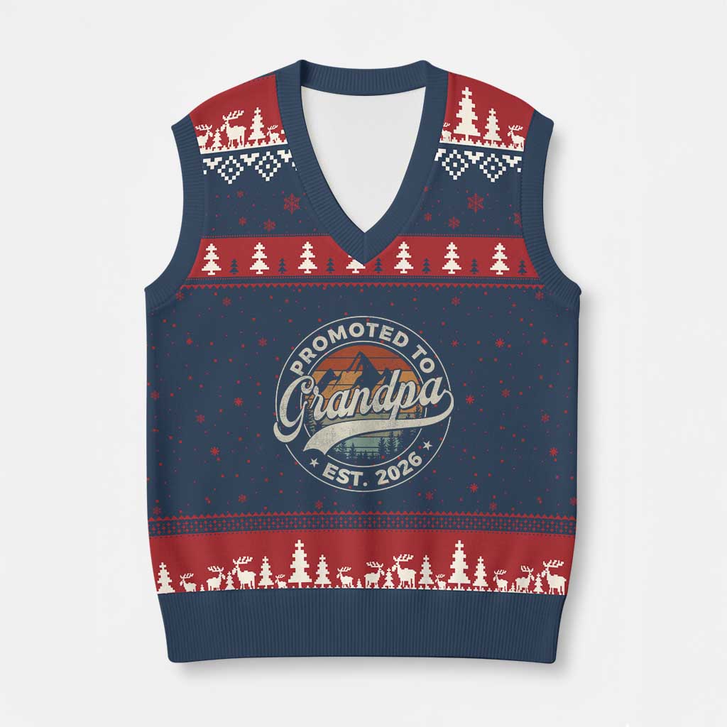 Promoted To Grandpa Est 2026 V-Neck Knit Sweater Vest Grandparents Baby Announcement Retro Mountain TS11 Navy Red Print Your Wear