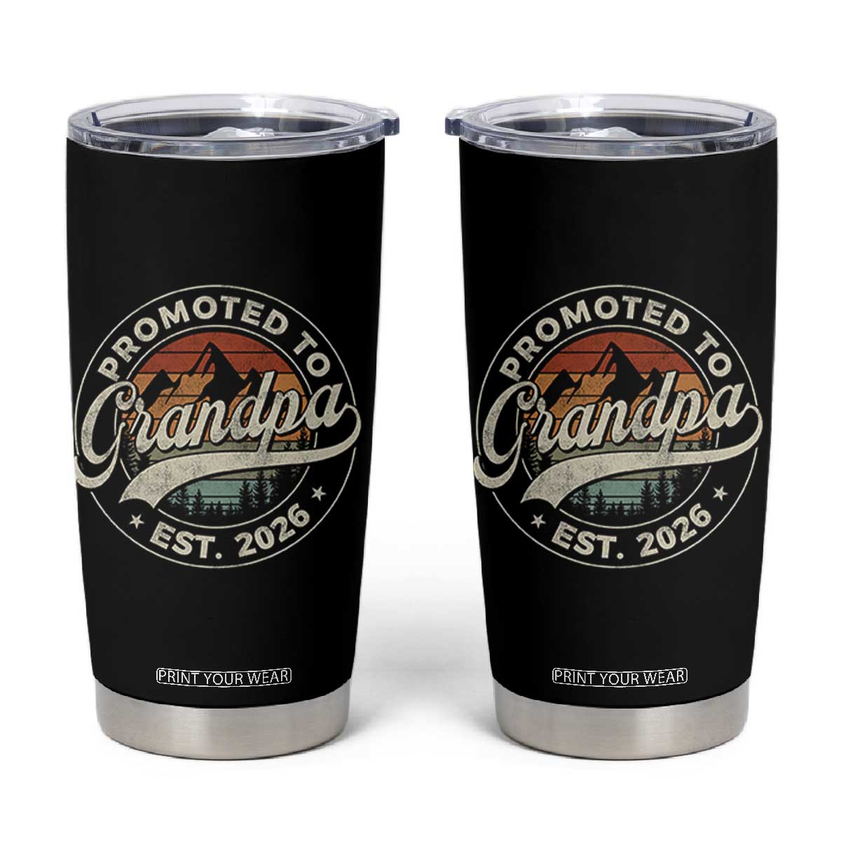 Promoted To Grandpa Est 2026 Tumbler Cup Grandparents Baby Announcement Retro Mountain TS11 Black Print Your Wear