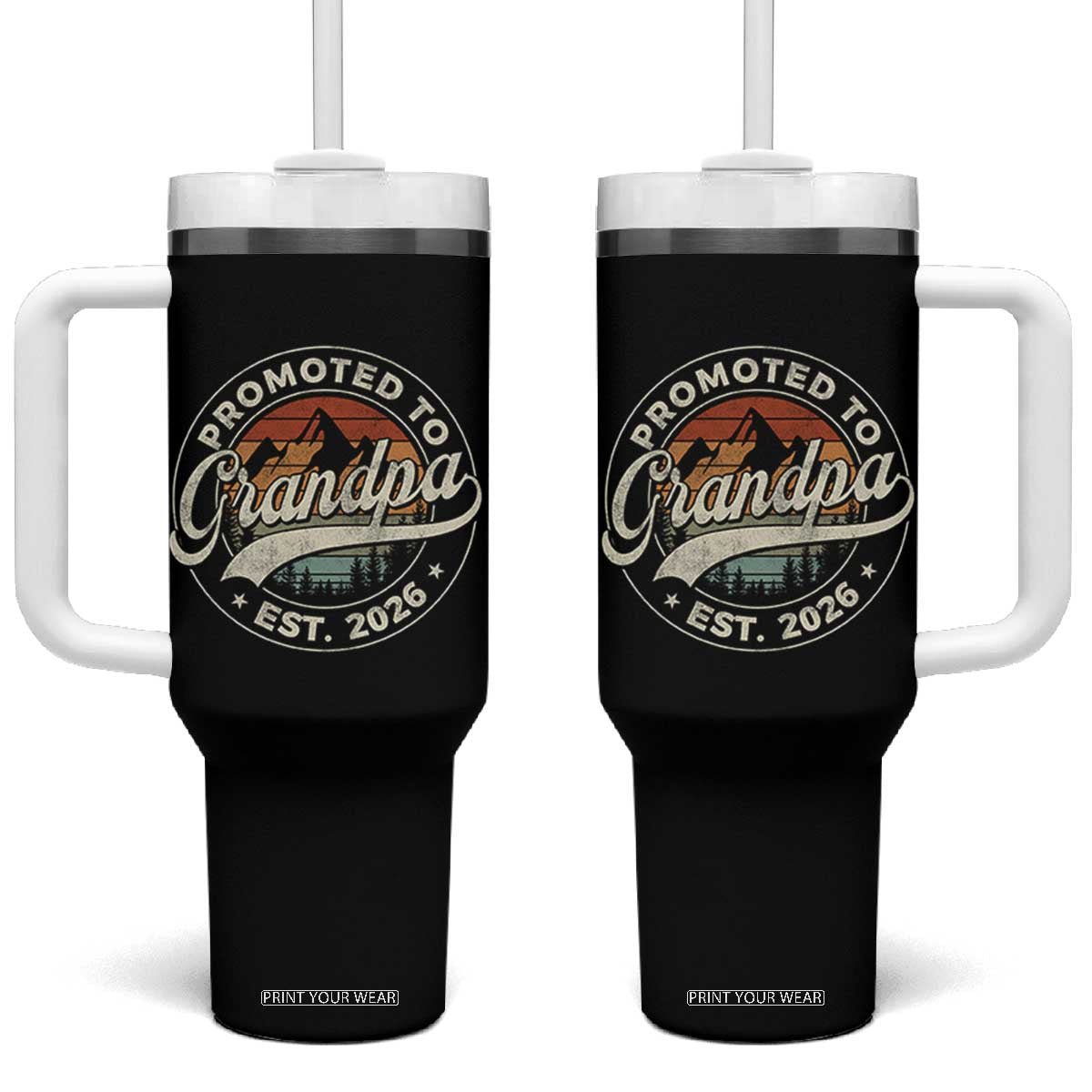 Promoted To Grandpa Est 2026 Tumbler With Handle Grandparents Baby Announcement Retro Mountain TS11 One Size: 40 oz Black Print Your Wear