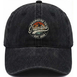 Promoted To Grandpa Est 2026 Washed Cotton Baseball Cap Grandparents Baby Announcement Retro Mountain TS11 Washed Cap Universal Fit Black Print Your Wear