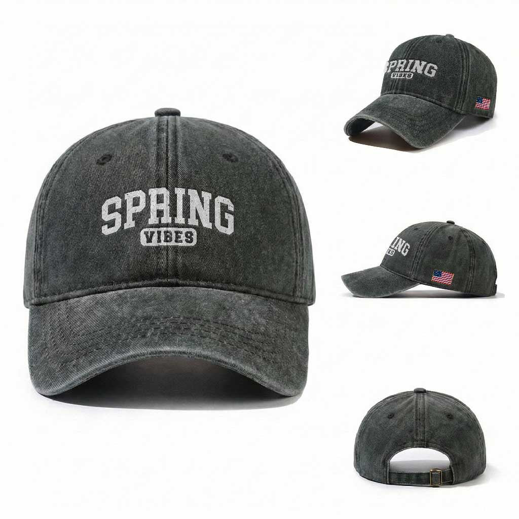 Spring Vibes Washed Cotton Baseball Cap Spring Break Easter Day Bold Text