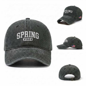 Spring Vibes Washed Cotton Baseball Cap Spring Break Easter Day Bold Text