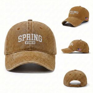 Spring Vibes Washed Cotton Baseball Cap Spring Break Easter Day Bold Text