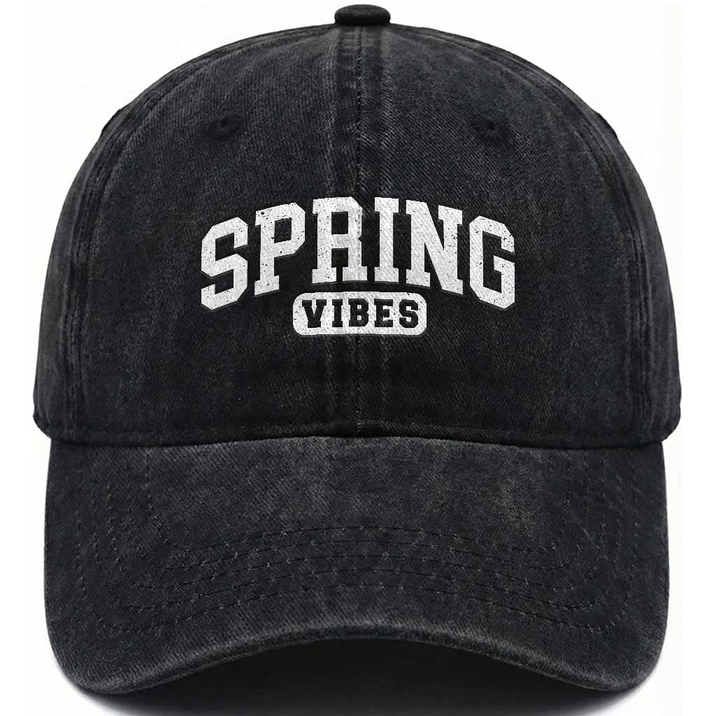 Spring Vibes Washed Cotton Baseball Cap Spring Break Easter Day Bold Text