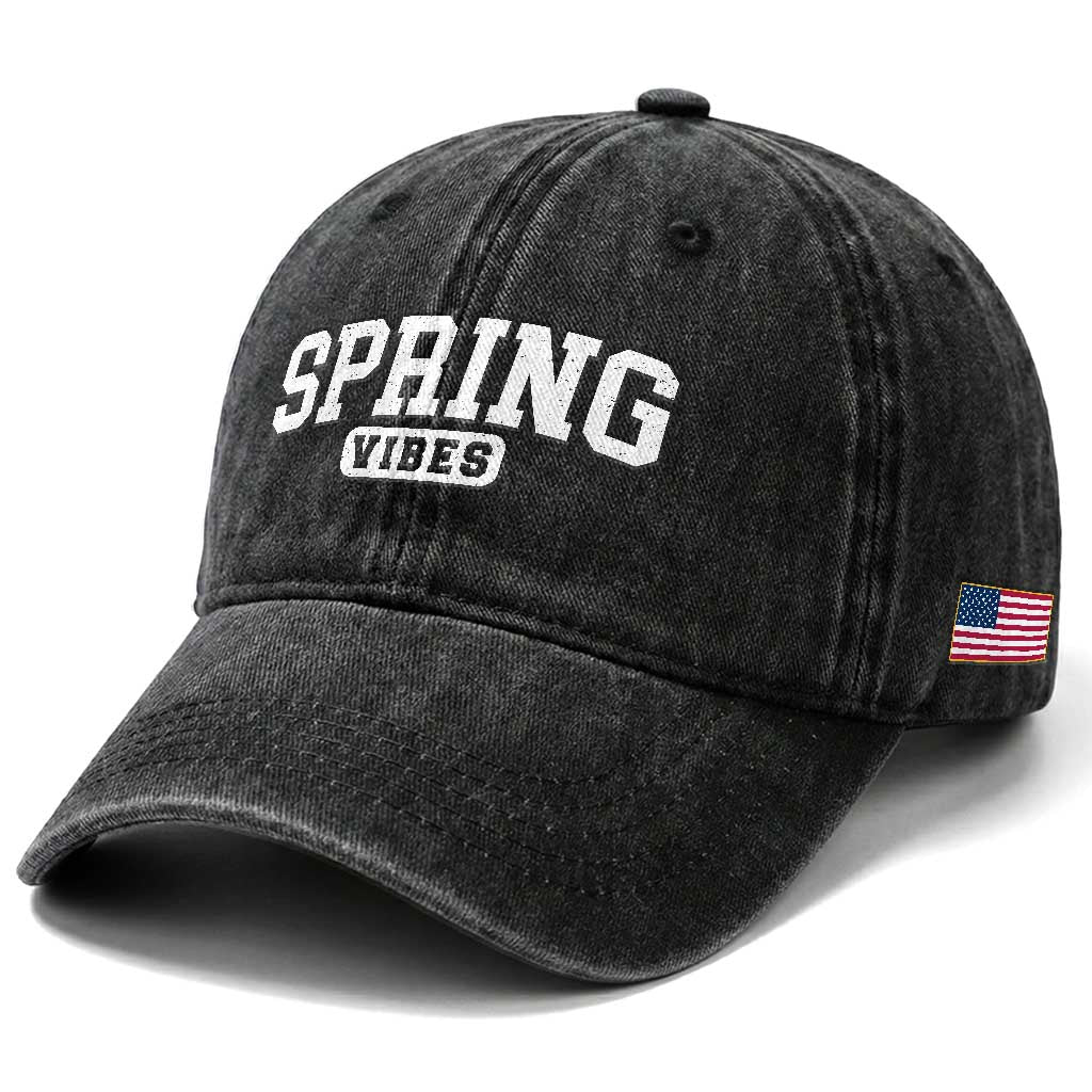Spring Vibes Washed Cotton Baseball Cap Spring Break Easter Day Bold Text
