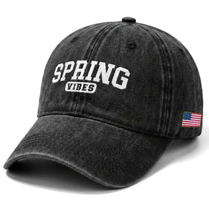 Spring Vibes Washed Cotton Baseball Cap Spring Break Easter Day Bold Text