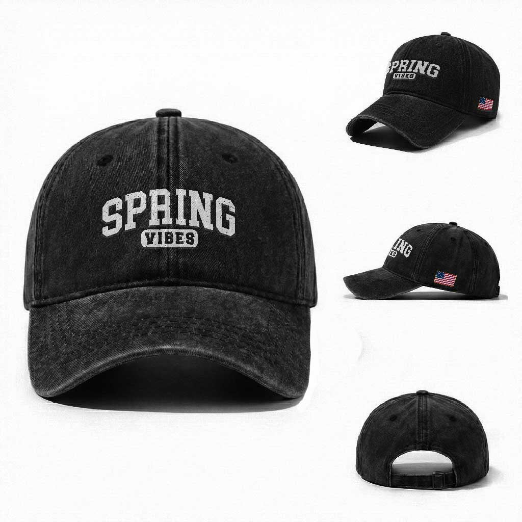 Spring Vibes Washed Cotton Baseball Cap Spring Break Easter Day Bold Text