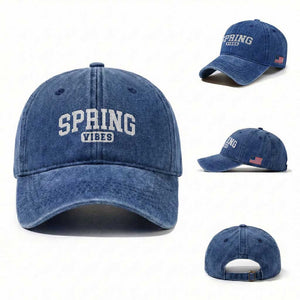 Spring Vibes Washed Cotton Baseball Cap Spring Break Easter Day Bold Text
