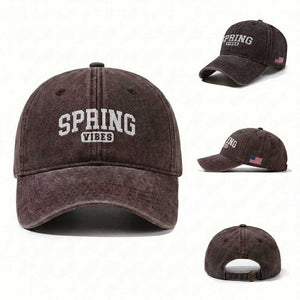 Spring Vibes Washed Cotton Baseball Cap Spring Break Easter Day Bold Text
