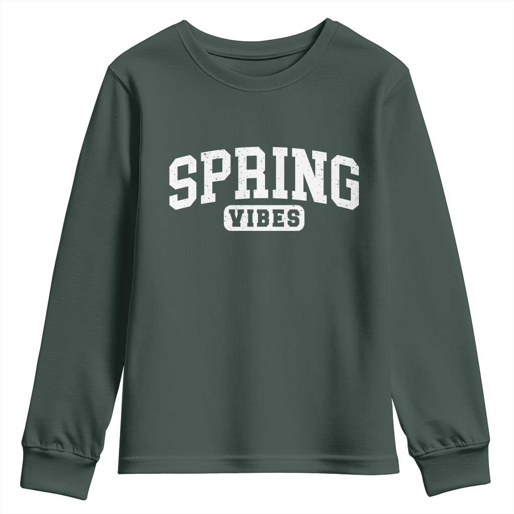 Spring Vibes Youth Sweatshirt Spring Break Easter Day Bold Text TS11 Dark Forest Green Print Your Wear