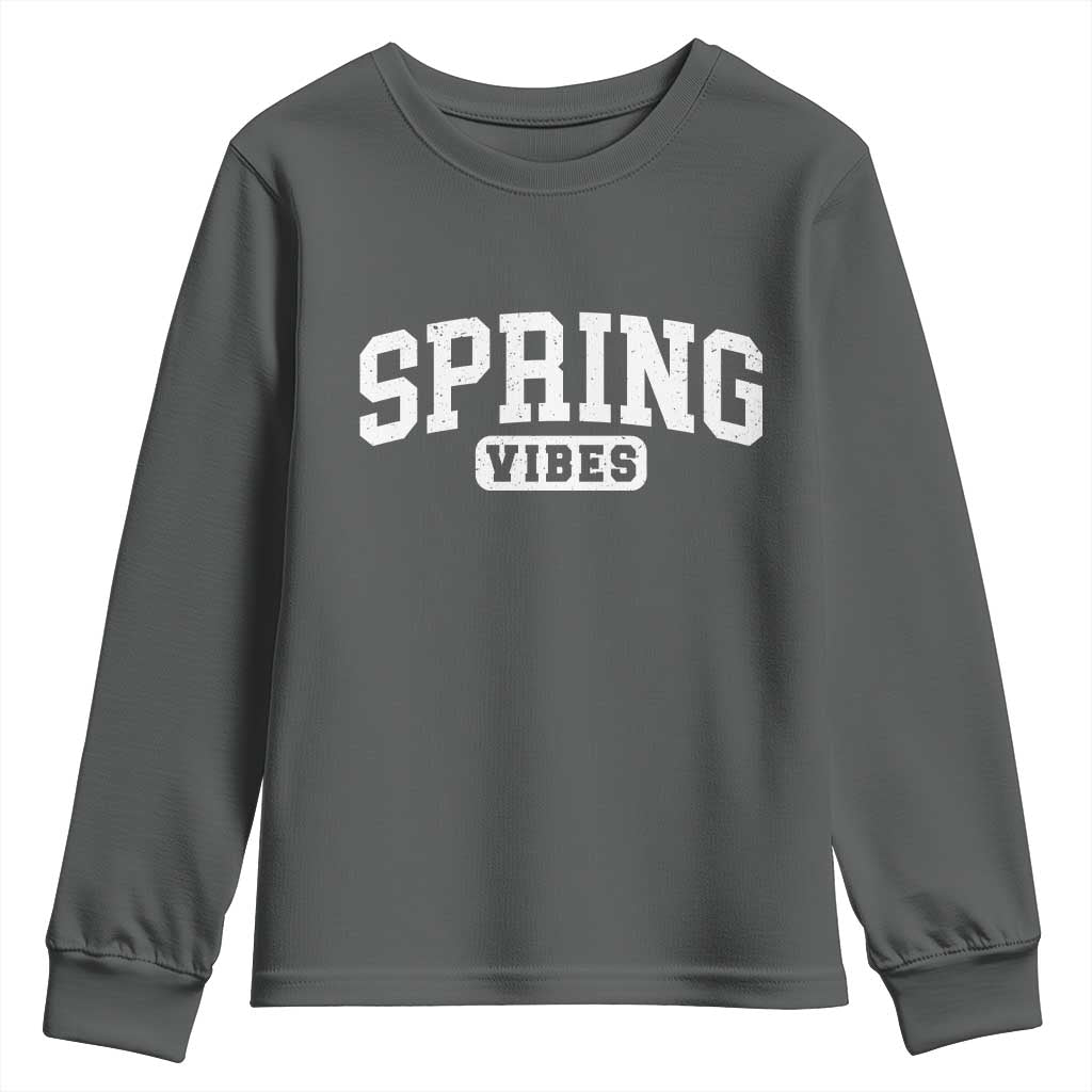 Spring Vibes Youth Sweatshirt Spring Break Easter Day Bold Text TS11 Dark Heather Print Your Wear