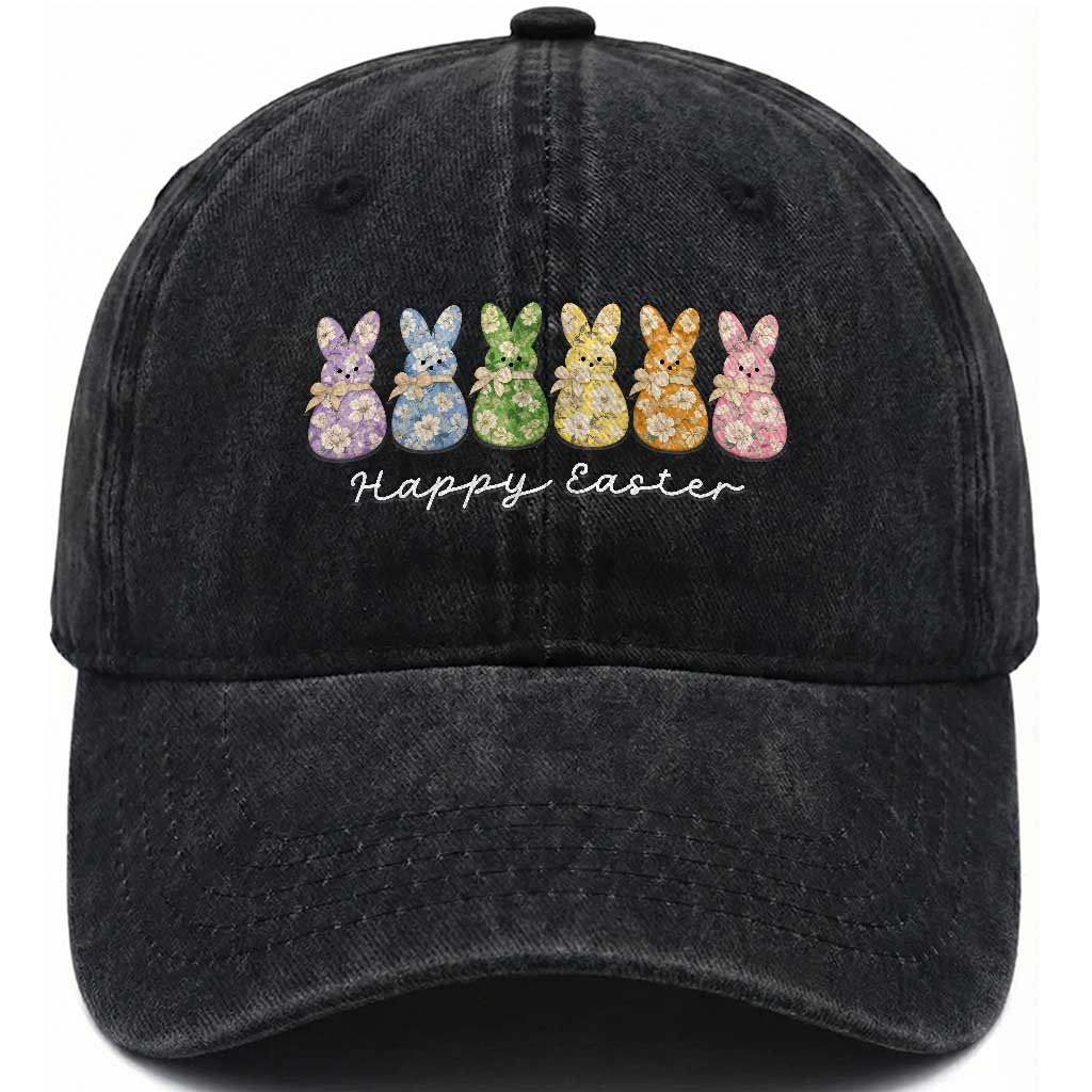 Happy Easter Day Vintage Colorful Floral Sugary Bunnies Washed Cotton Baseball Cap