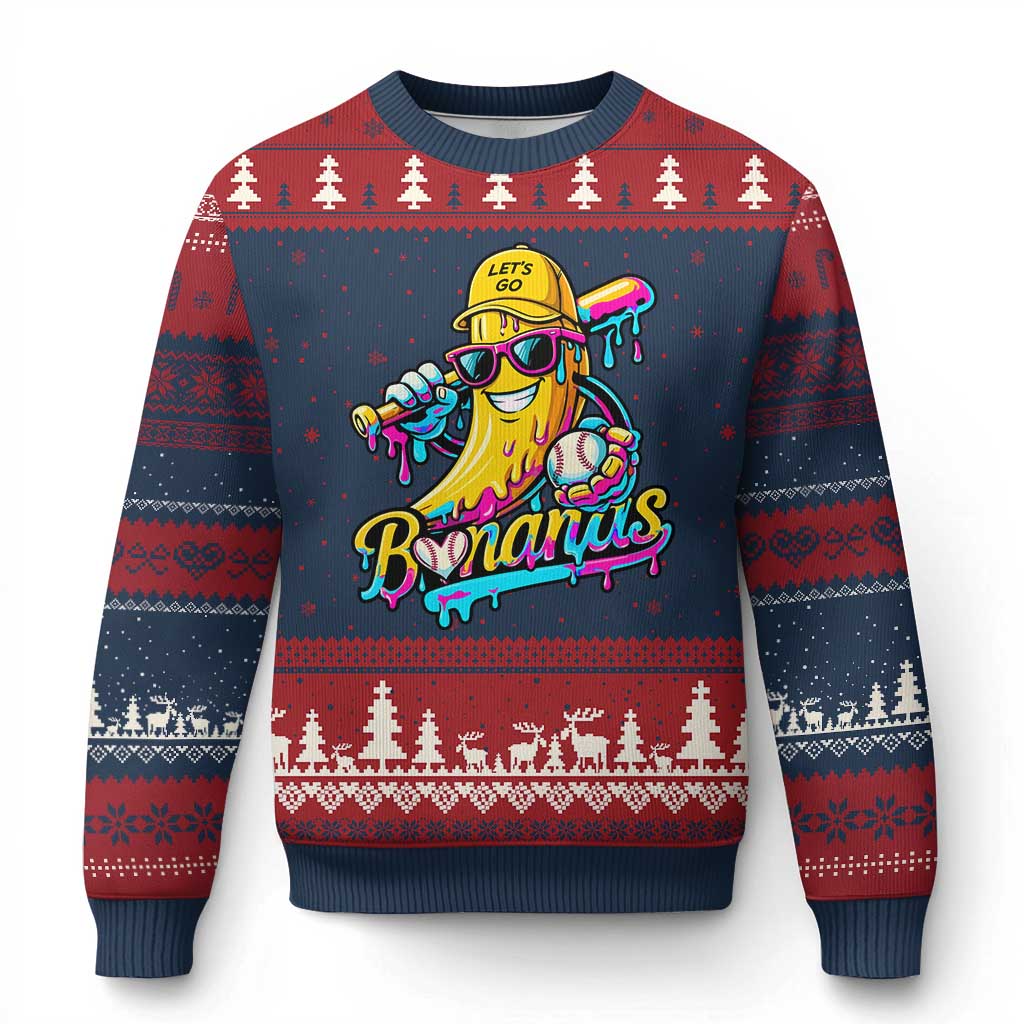 Funny Banana Baseball Drip Ugly Christmas Sweater Lets Go Bananas Ice Cream Dripping Sport TS11 Navy Red Print Your Wear