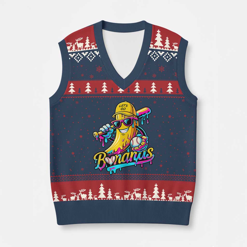 Funny Banana Baseball Drip V-Neck Knit Sweater Vest Lets Go Bananas Ice Cream Dripping Sport TS11 Navy Red Print Your Wear