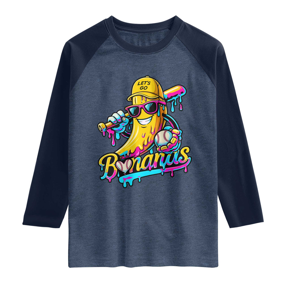 Funny Banana Baseball Drip Raglan Shirt Lets Go Bananas Ice Cream Dripping Sport TS11 Heather Denim Navy Print Your Wear