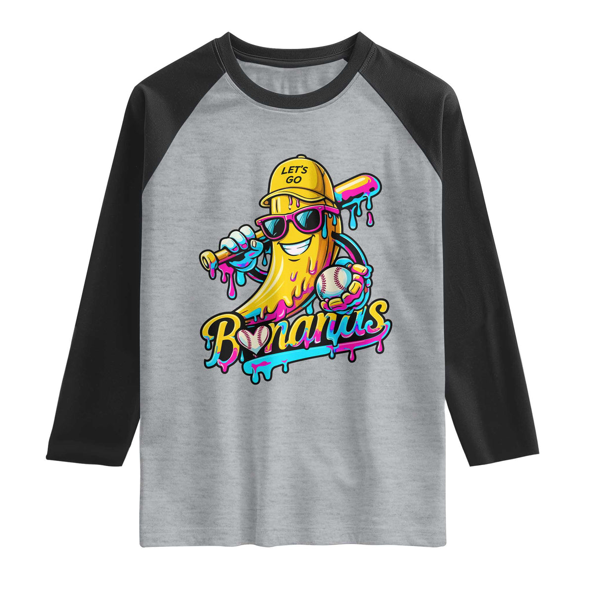 Funny Banana Baseball Drip Raglan Shirt Lets Go Bananas Ice Cream Dripping Sport TS11 Heather Gray Black Print Your Wear