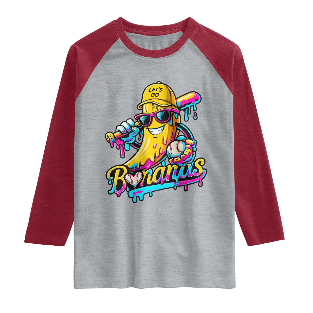 Funny Banana Baseball Drip Raglan Shirt Lets Go Bananas Ice Cream Dripping Sport TS11 Heather Gray Heather Red Print Your Wear