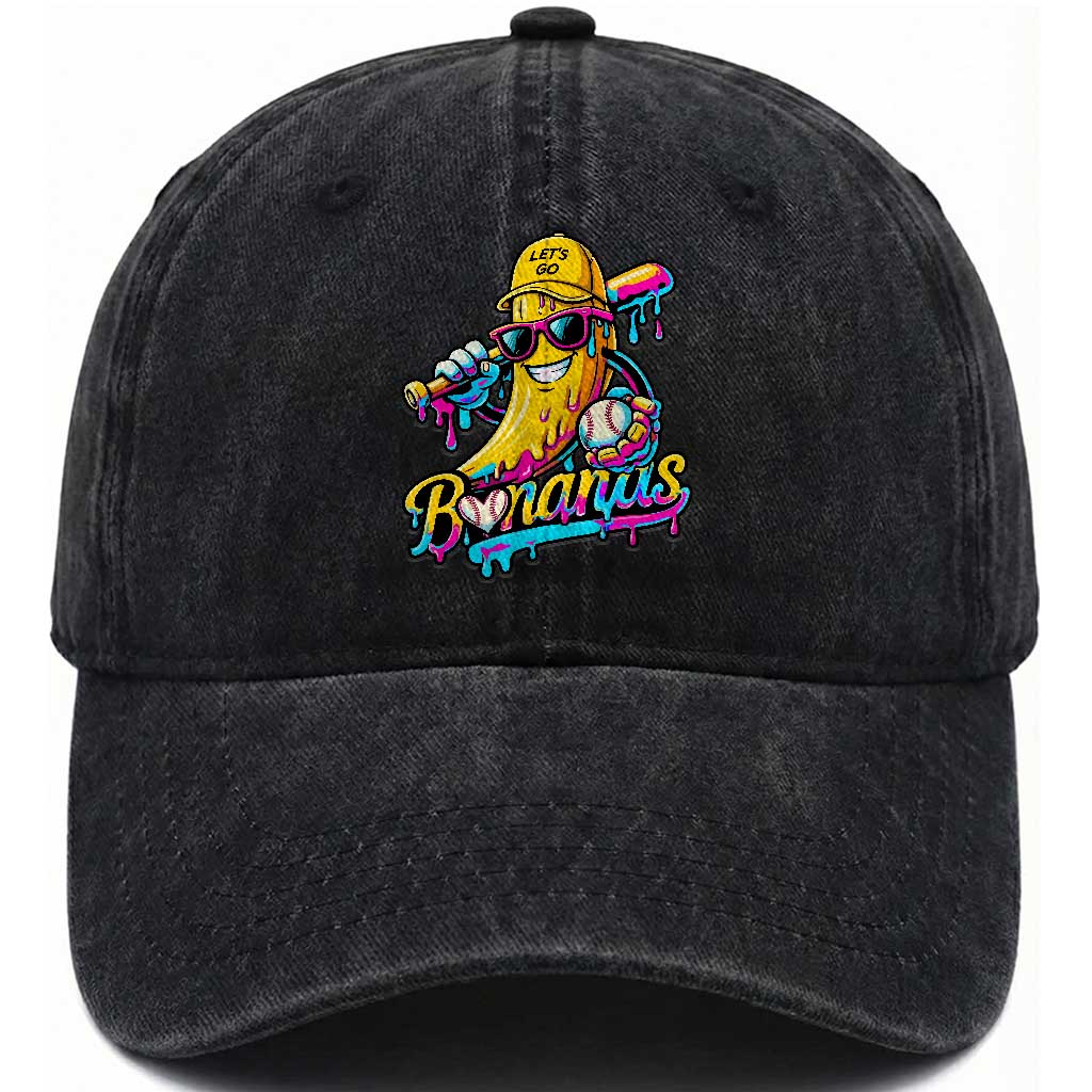 Funny Banana Baseball Drip Washed Cotton Baseball Cap Lets Go Bananas Ice Cream Dripping Sport TS11 Washed Cap Universal Fit Black Print Your Wear