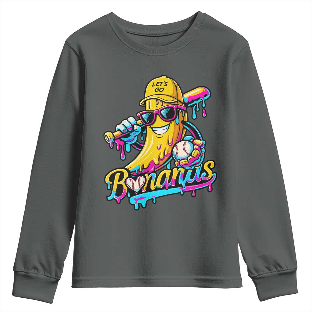 Funny Banana Baseball Drip Youth Sweatshirt Lets Go Bananas Ice Cream Dripping Sport TS11 Dark Heather Print Your Wear