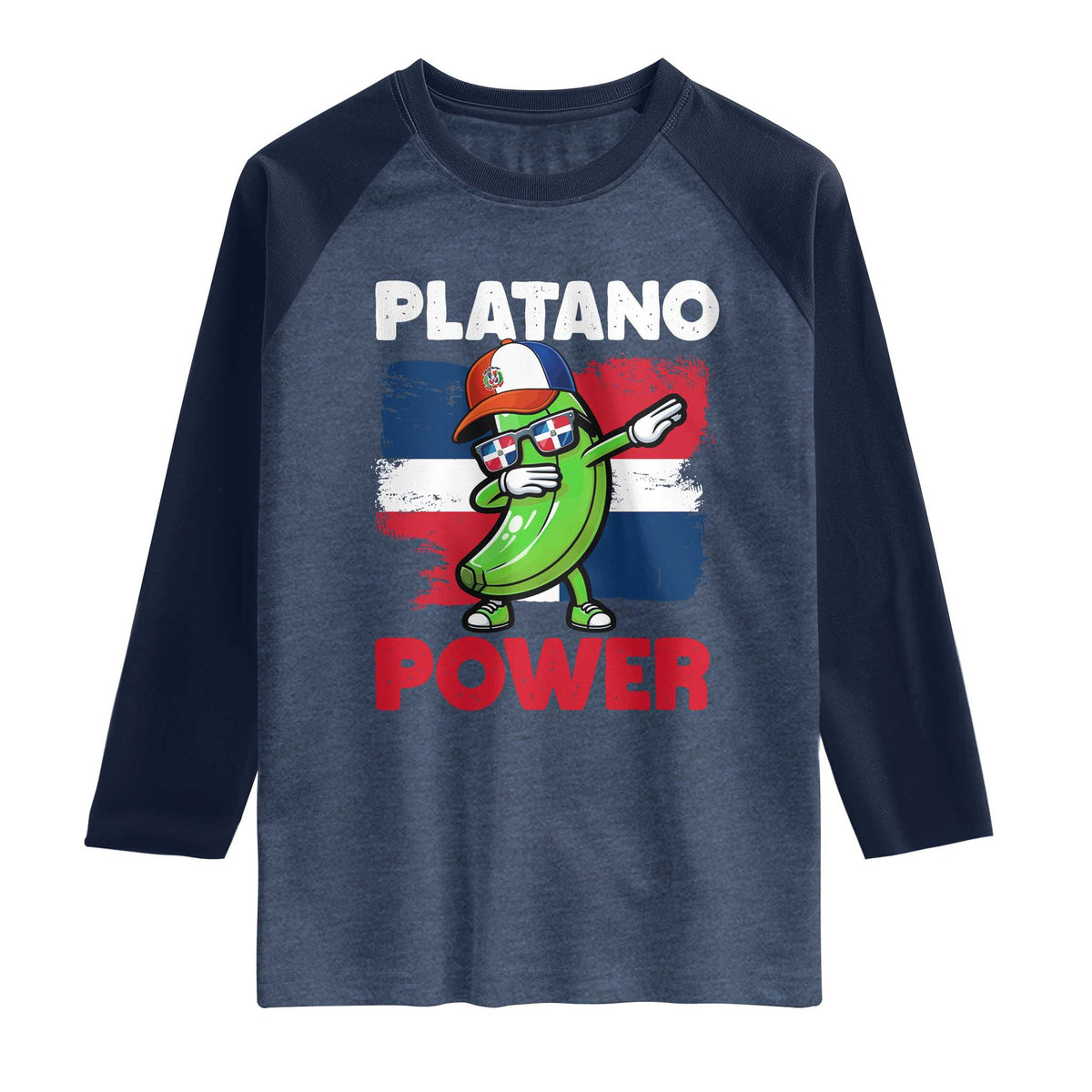 Platano Power Raglan Shirt Funny Dominican Republic Flag Baseball TS11 Heather Denim Navy Print Your Wear