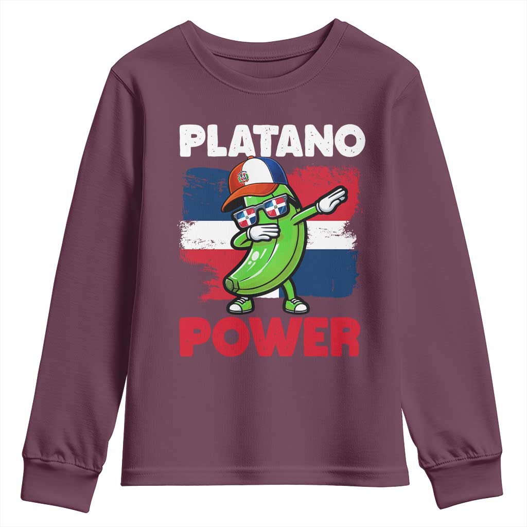 Platano Power Youth Sweatshirt Funny Dominican Republic Flag Baseball TS11 Maroon Print Your Wear