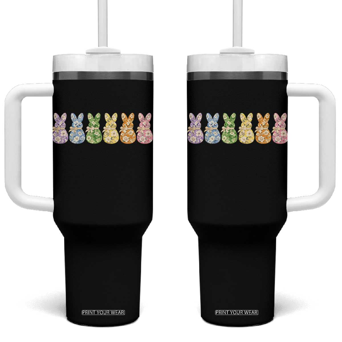 Easter Day Vintage Colorful Floral Sugary Bunnies Tumbler With Handle TS11 One Size: 40 oz Black Print Your Wear