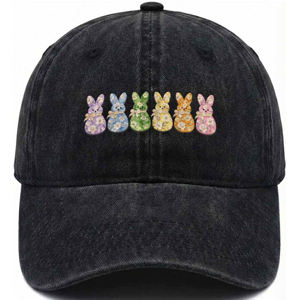 Easter Day Vintage Colorful Floral Sugary Bunnies Washed Cotton Baseball Cap