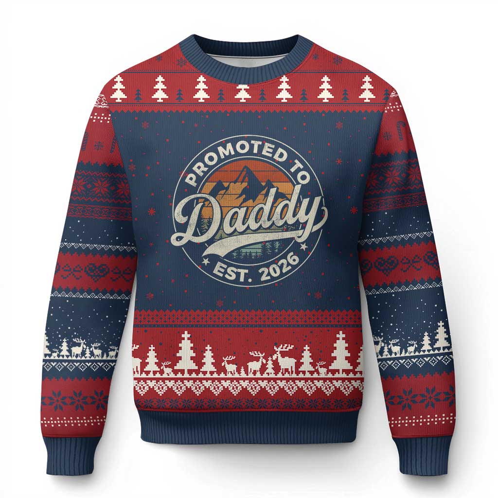Promoted To Daddy Est 2026 Ugly Christmas Sweater Soon to Be Dad Retro Baby Announcement TS11 Navy Red Print Your Wear