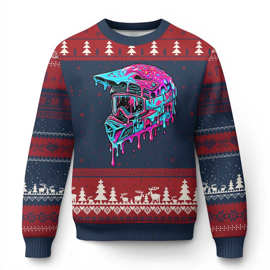 Motocross Helmet Drip Ice Cream Melt Graphic Dirt Bike Racing Ugly Christmas Sweater TS11 Navy Red Print Your Wear