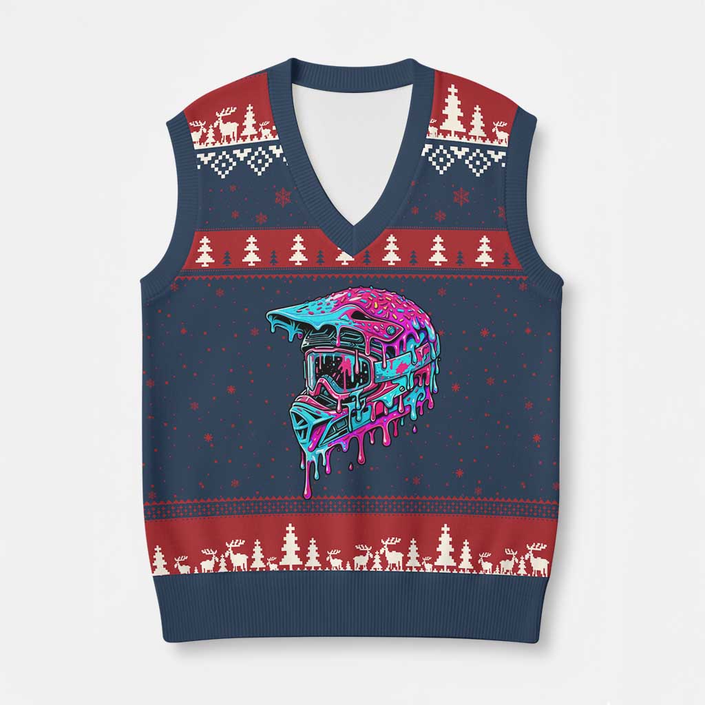 Motocross Helmet Drip Ice Cream Melt Graphic Dirt Bike Racing V-Neck Knit Sweater Vest TS11 Navy Red Print Your Wear