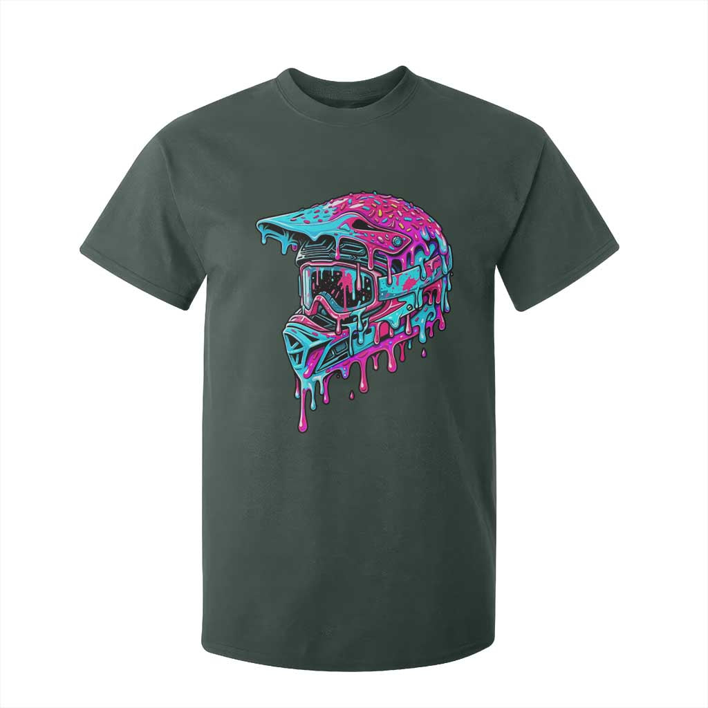 Motocross Helmet Drip Ice Cream Melt Graphic Dirt Bike Racing T Shirt For Kid TS11 Dark Forest Green Print Your Wear
