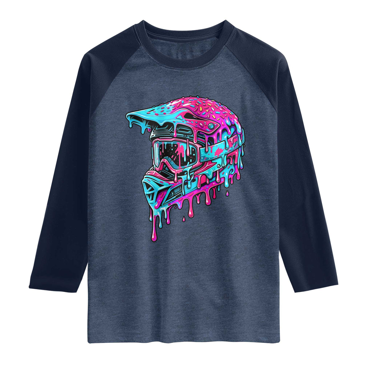 Motocross Helmet Drip Ice Cream Melt Graphic Dirt Bike Racing Raglan Shirt TS11 Heather Denim Navy Print Your Wear